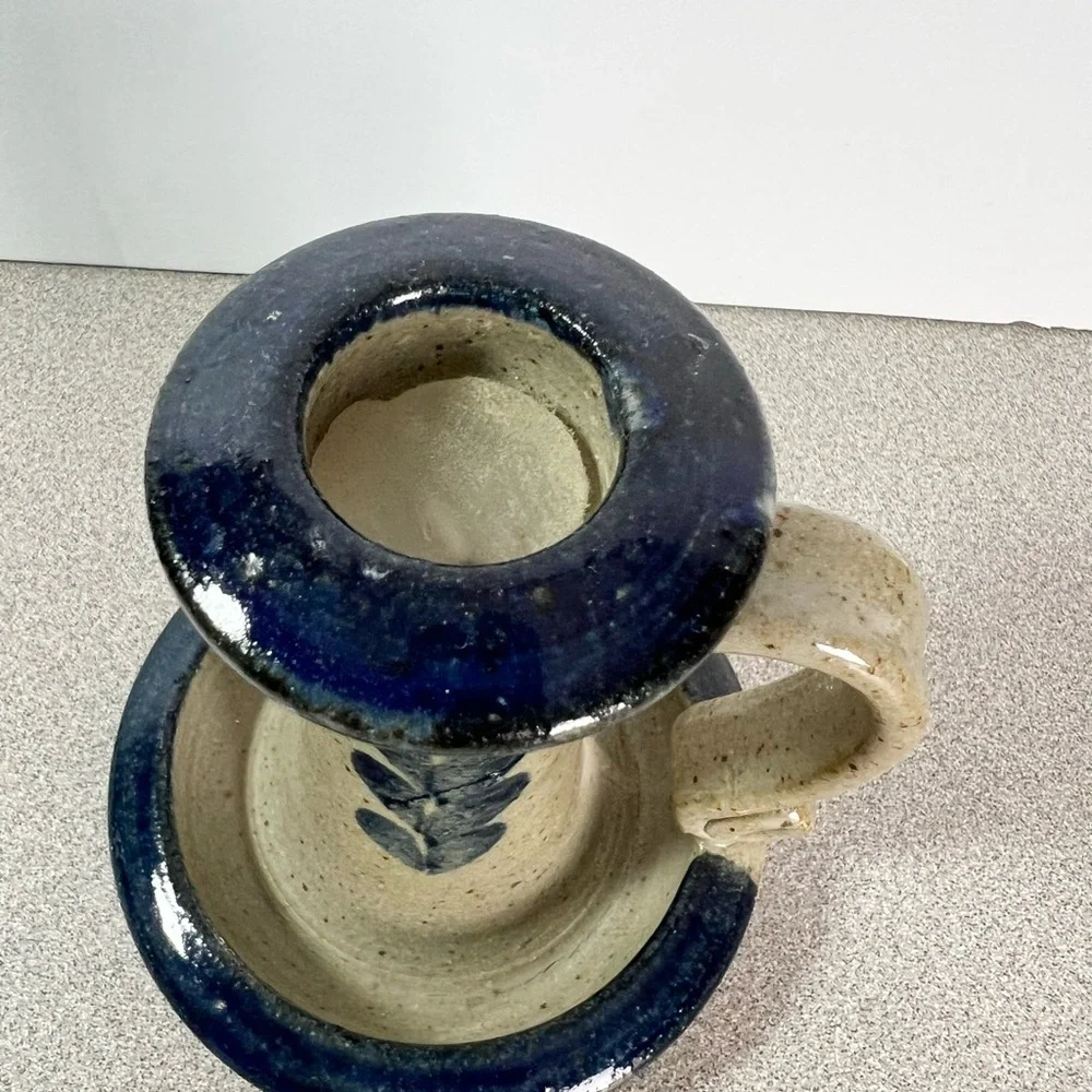 Vintage Salt Glazed Stoneware Candlestick‎ Candle Holder W/Finger Loop 4”